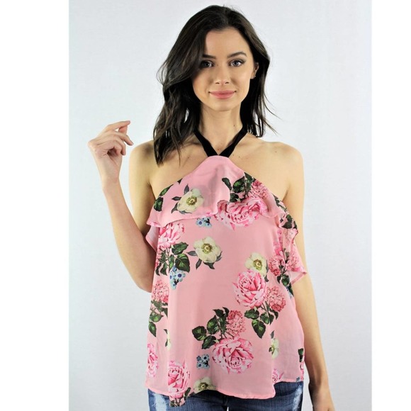 Boho Tie Neck Halter Top - Pink Floral - Picture 1 of 2